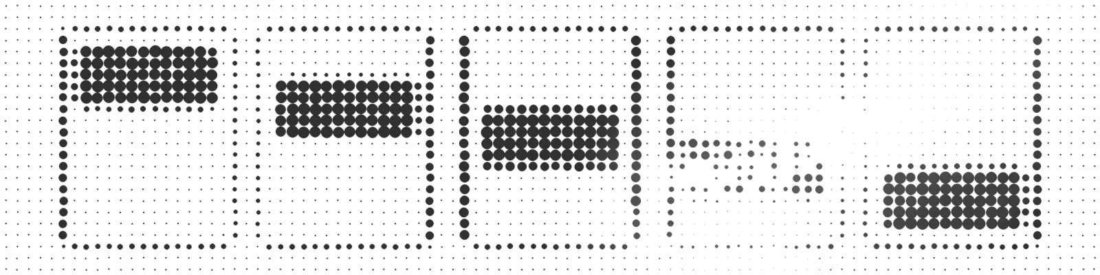 A grid of dots draws five windows in which a block moves further down each time; a veil dissolves part of it.