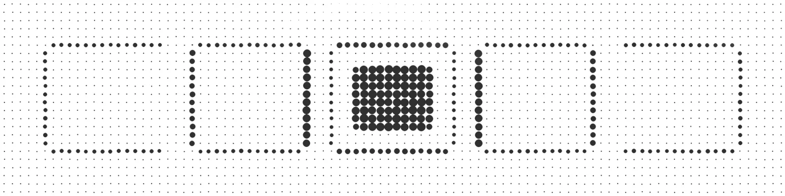 A grid of dots draws a row of blocks, one of them filled and outlined; a veil dissolves part of it.