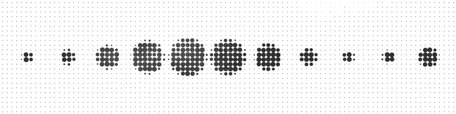 A grid of dots draws a row of discs whose sizes follow a wave; a veil dissolves part of it.