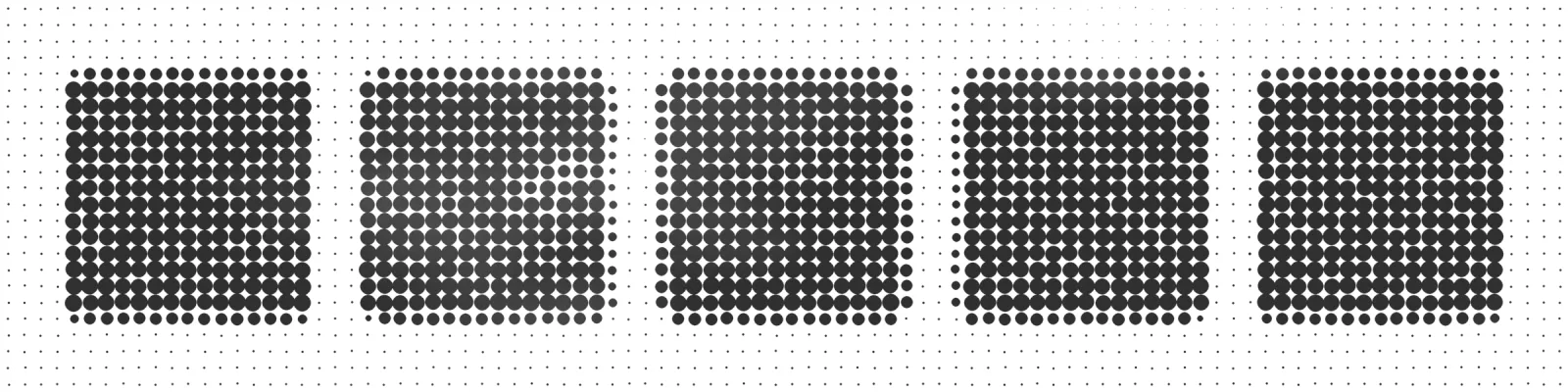 A grid of dots forms five equal tiles side by side; a veil dissolves part of it.