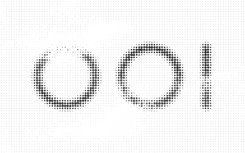 A fine grid of dots forms the digits 0 0 1; a veil drifts across it and dissolves part of the grid.